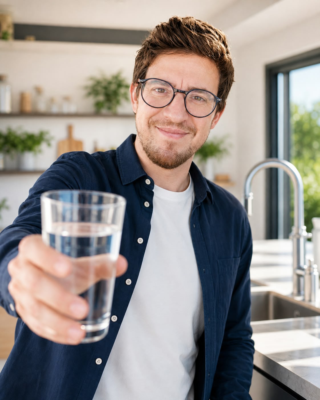Homme présentant un verre d’eau près d’un robinet